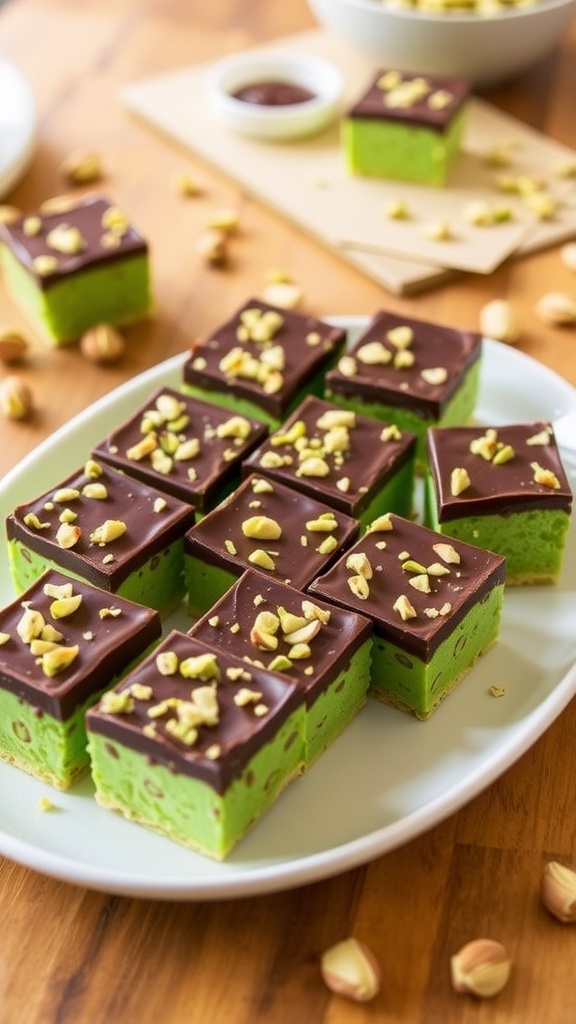 No-bake pistachio and chocolate bars garnished with crushed pistachios on a white plate.
